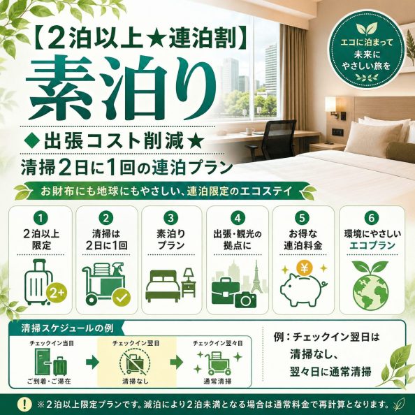 石巻グランドホテルの連泊限定宿泊プラン「【2泊以上★連泊割】素泊り◆出張コスト削減★清掃2日に1回の連泊プラン（お得な連泊料金・環境にやさしいエコステイ）」の案内画像